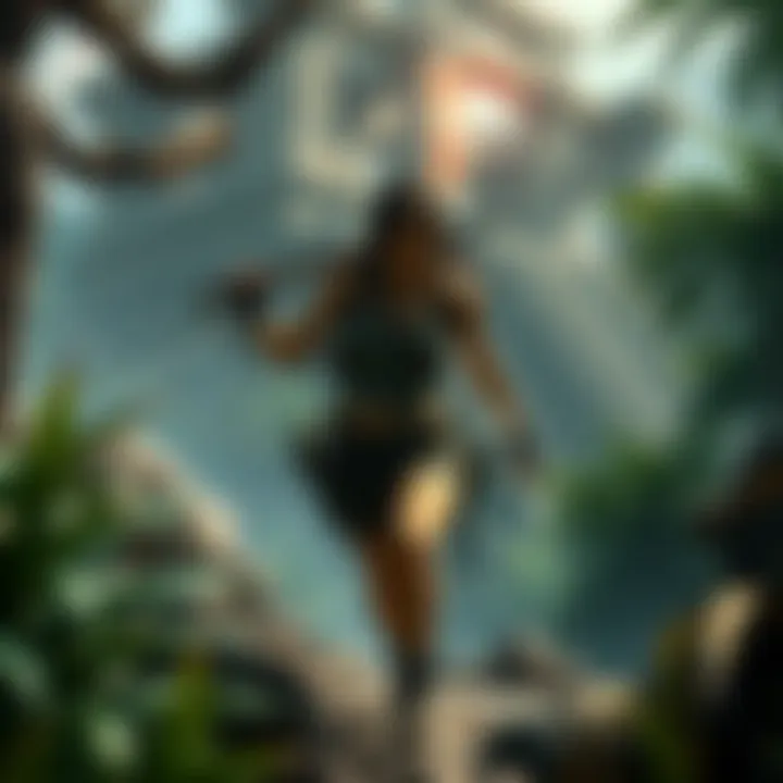 Lara Croft exploring a jungle environment with ancient ruins in the background, showcasing her agile movements and adventure gear, reflecting the modern take on the classic game.