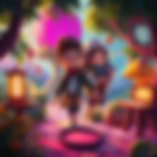 A vibrant scene showing characters exploring a whimsical environment inspired by classic adventure games