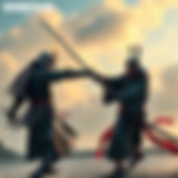Modern Bushido Blade Concept Art Concept art showing a sword fight between two characters inspired by the Bushido Blade game style, featuring traditional Japanese armor and a serene background.