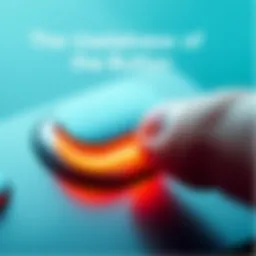 A close-up of a modern button on a device A close-up view of a sleek, modern button on a device, with a finger hovering nearby, showing hesitation to press it