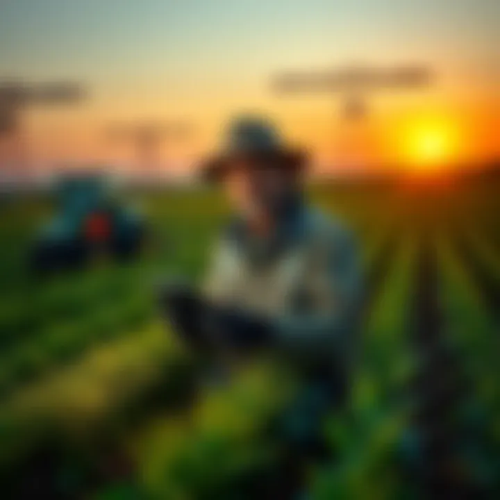 A farmer using advanced technology in a field, showcasing clip farming techniques with crops and equipment around