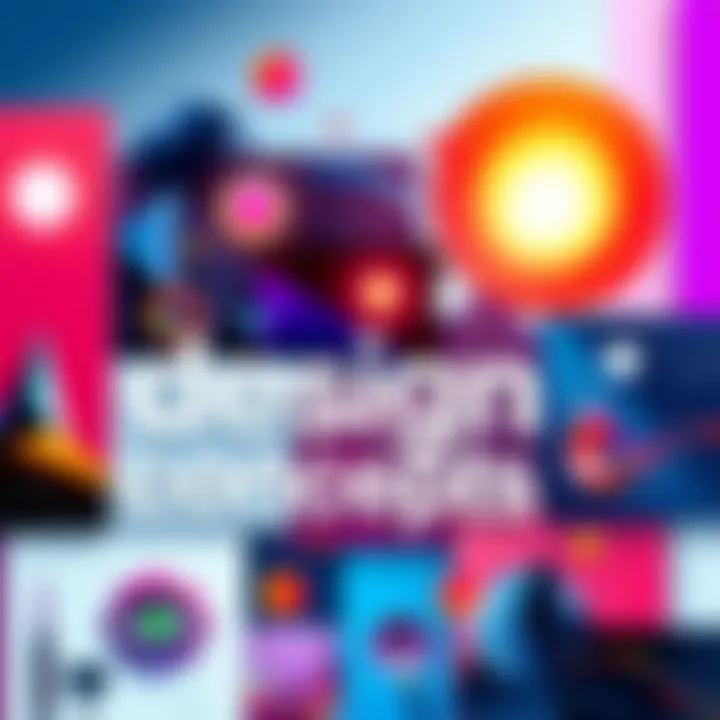 A collage of innovative design styles for 2026 featuring bright colors, geometric shapes, and creative layouts