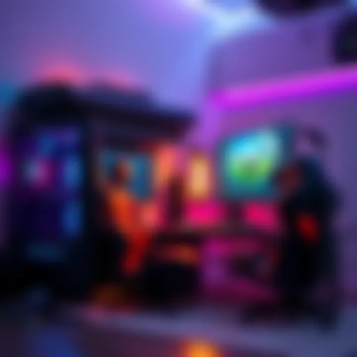 A sleek gaming setup featuring a high-end gaming PC, colorful LED lights, and a large monitor displaying a dynamic gaming scene.