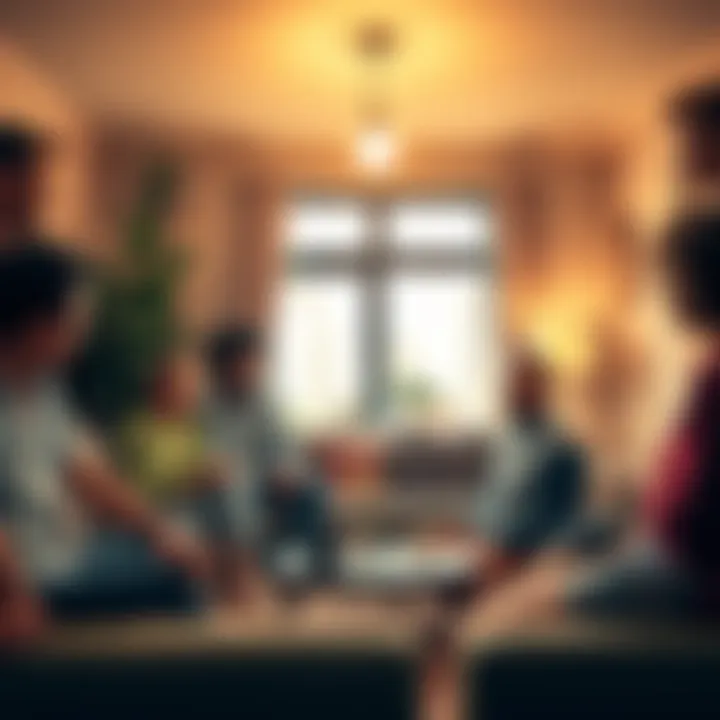 Modern Home Concept A diverse group of people gathered in a cozy living room, showcasing their personal stories and cultural items that reflect their sense of home.