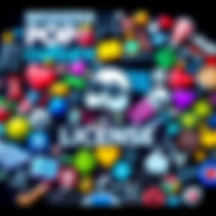A collage of popular culture icons and symbols reflecting recent licensing trends, showcasing colorful characters and logos from movies, games, and music.