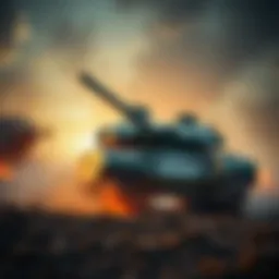 Modern Tank on Battlefield A modern tank positioned on a battlefield, showcasing its design and firepower amidst smoke and chaos.