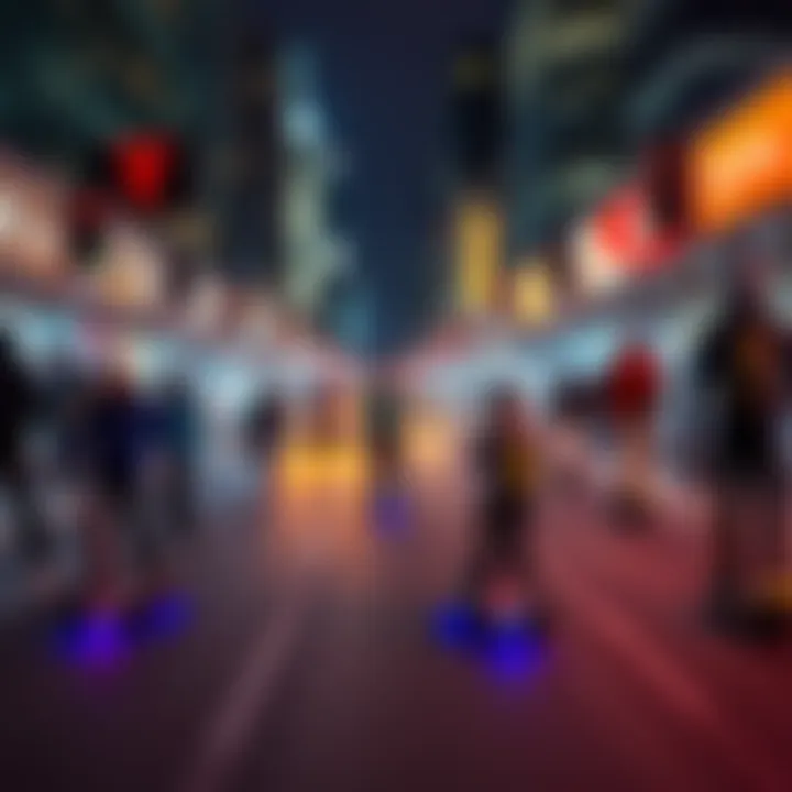 People using advanced transportation methods like hoverboards and electric scooters in a city setting.