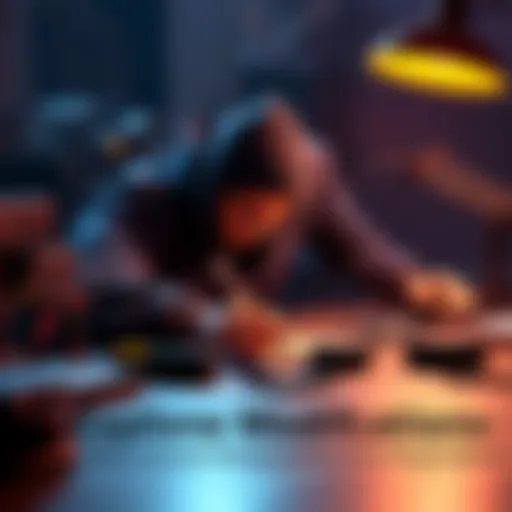 A person working on modifying a game module with tools and materials on a table, showcasing their creative process.