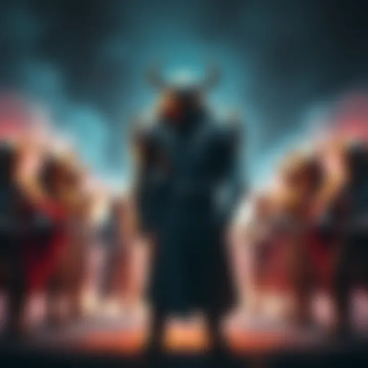 Mogh standing confidently against a group of average Raiders, showcasing a competitive atmosphere