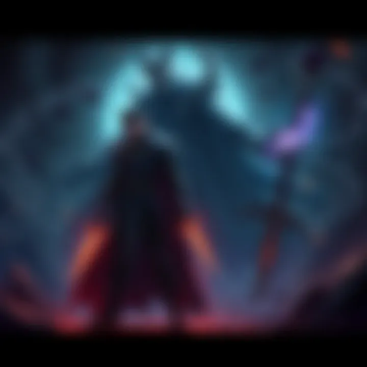 Mohg stands confidently in the shadow realm while Miquella, now a villain, looms ominously nearby with dark energy swirling around him.