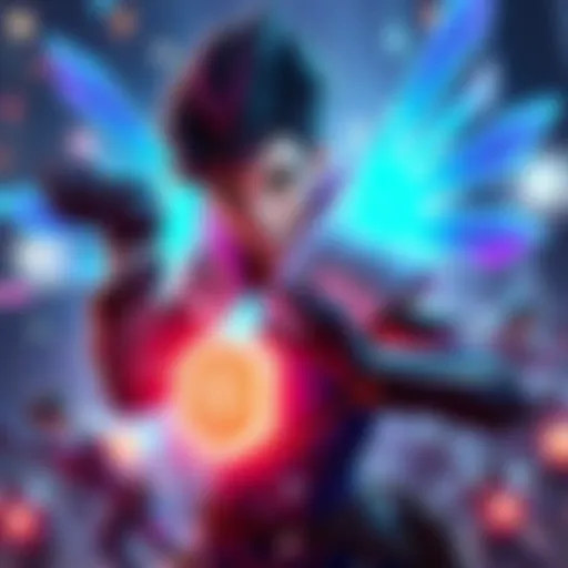 A character named Moira using her healing abilities while surrounded by teammates and opponents, showcasing her healing and damage skills.