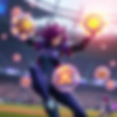 A dynamic scene of Moira using Biotic Orbs in a stadium environment, showcasing her abilities in action.