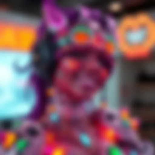 Moira character wearing a humorous skin that mixes cyber and divine elements, showcasing vibrant colors and playful design.