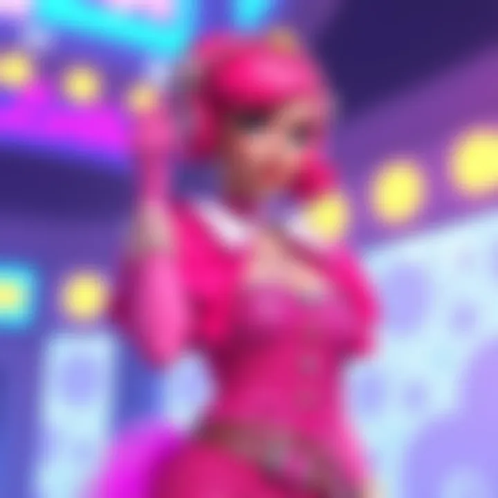 Concept art showing Moira in a vibrant pink princess outfit with cute accessories, embodying a girlypop theme.