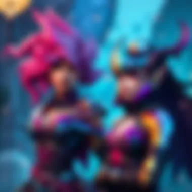 Visual showcasing the mythic skins of Moira and Juno in a vibrant game setting
