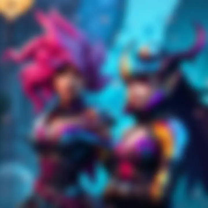 Visual showcasing the mythic skins of Moira and Juno in a vibrant game setting