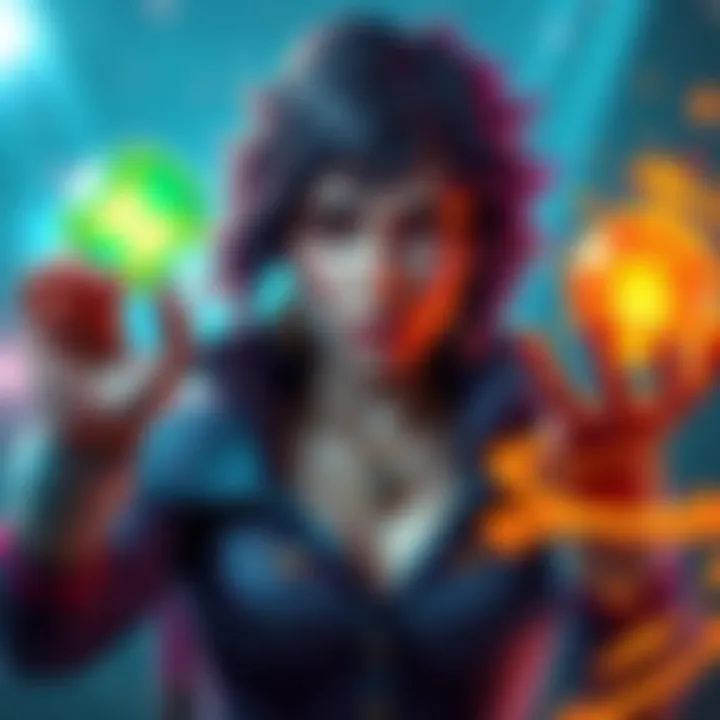 Moira showcasing her healing orb in one hand and damage orb in the other, confused expression on her face