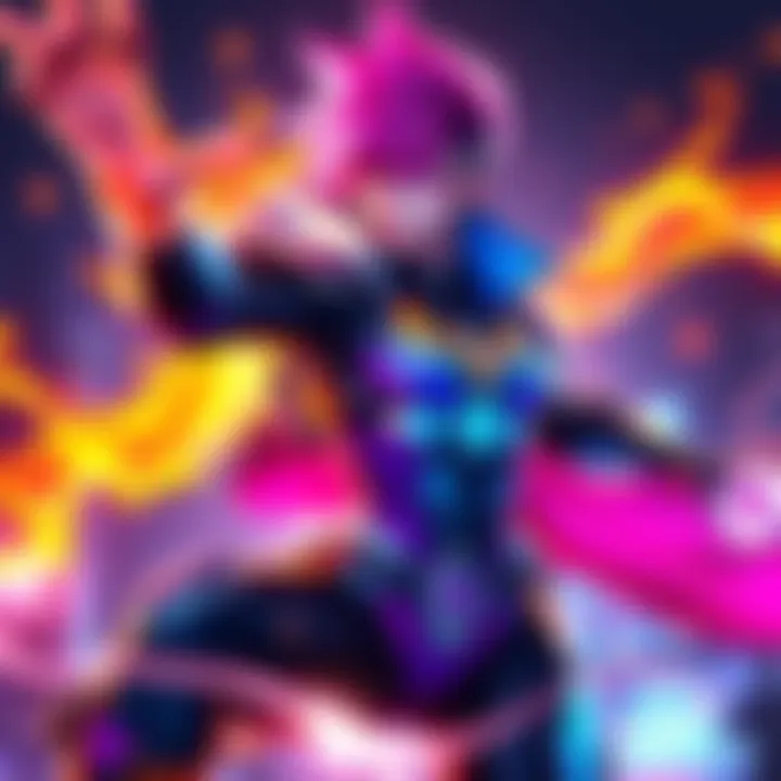 Moira uses her powers in a dynamic pose, showcasing vibrant colors and her unique design, captivating fans around her.