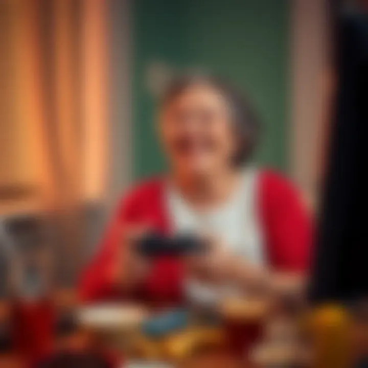 A cheerful 52-year-old woman playing Resident Evil 9 with a game controller, laughing at the screen while reminiscing about a character named Leon, surrounded by snacks and drinks.