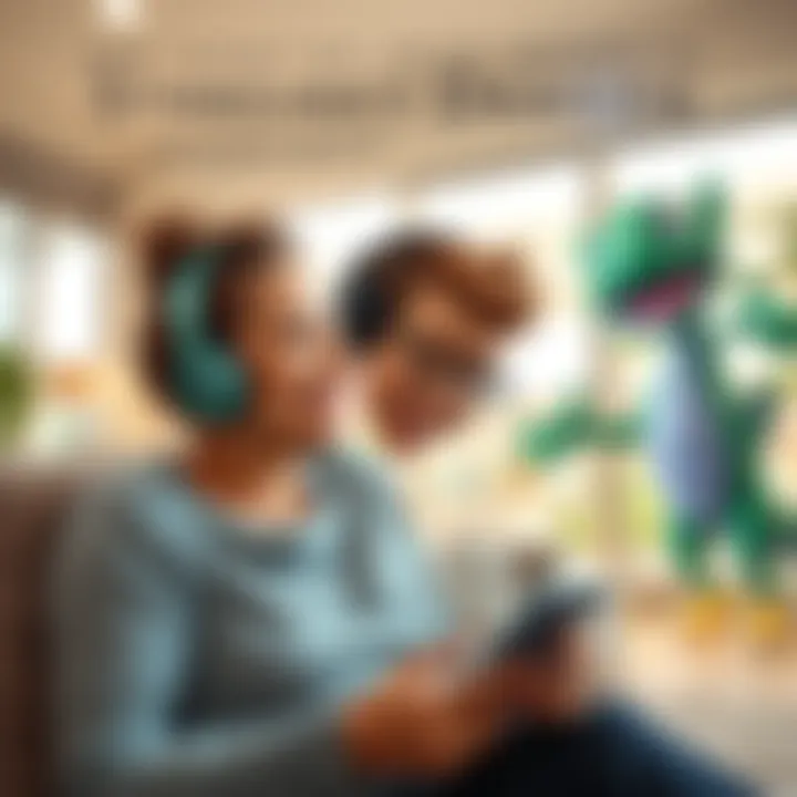 A woman happily listening to a podcast on her phone, with headphones on; a cheerful atmosphere highlighted by a bright room and a playful cartoon character resembling Kyborg in the background.