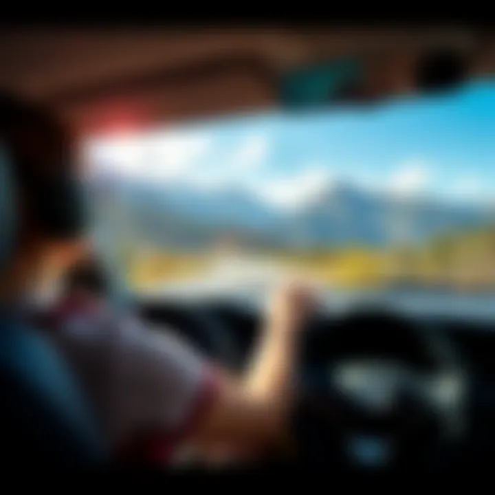 Mom driving in a scenic landscape A mother enjoying a casual drive through a picturesque route surrounded by greenery and mountains