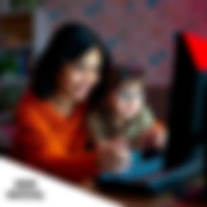 A mother and daughter enjoying a horror video game on a PC, focused on the screen and sharing a fun moment together