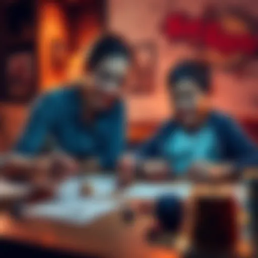 Mom and son playing Dungeons & Dragons A mother and her 10-year-old son sitting at a table, excitedly playing Dungeons & Dragons with dice and character sheets