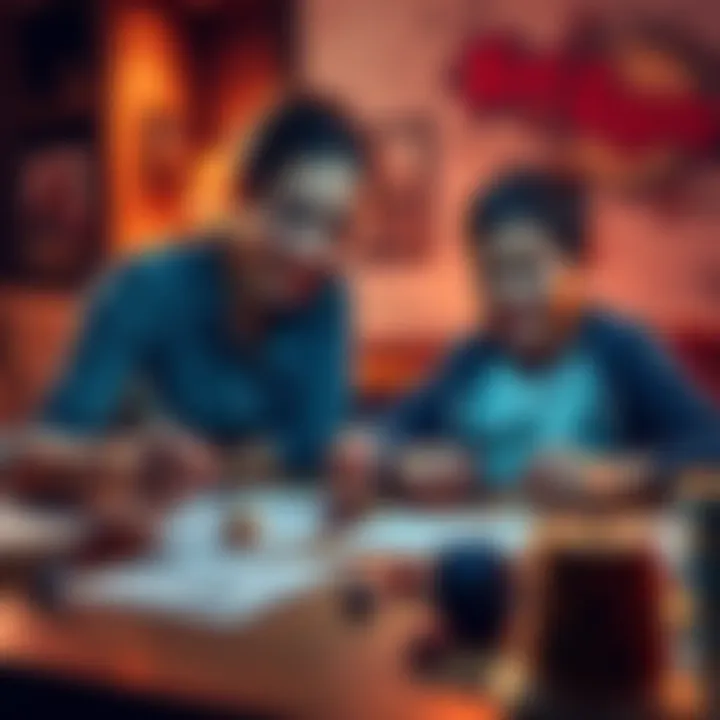 Mom and son playing Dungeons & Dragons A mother and her 10-year-old son sitting at a table, excitedly playing Dungeons & Dragons with dice and character sheets