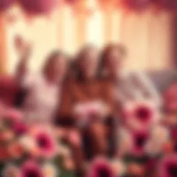 Three mothers joyfully celebrating Mother's Day, each showcasing unique skins, surrounded by flowers and gifts.