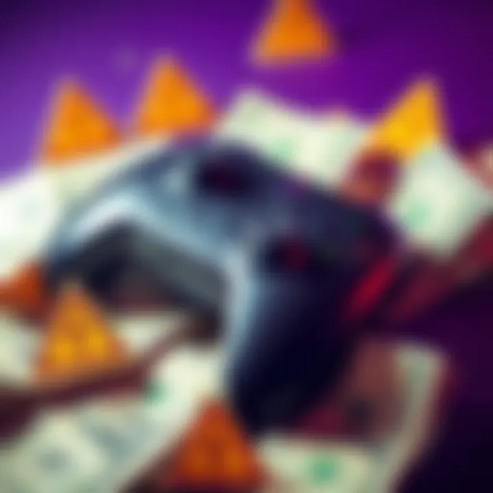 A graphic showing a game controller surrounded by dollar bills and warning signs, symbolizing money laundering issues in gaming