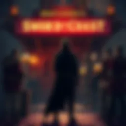 Money Laundering in Sword Coast A shadowy figure in a cloak stands in front of a tavern, exchanging bags of gold coins with a group of rough-looking individuals, hinting at the underworld of crime and money laundering.