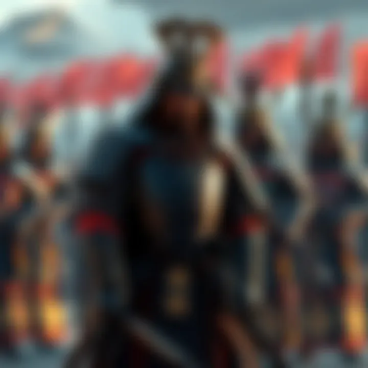 Khotun Khan in traditional Mongol armor bows to a group of Samurai in full battle gear, demonstrating respect and honor between the two cultures.