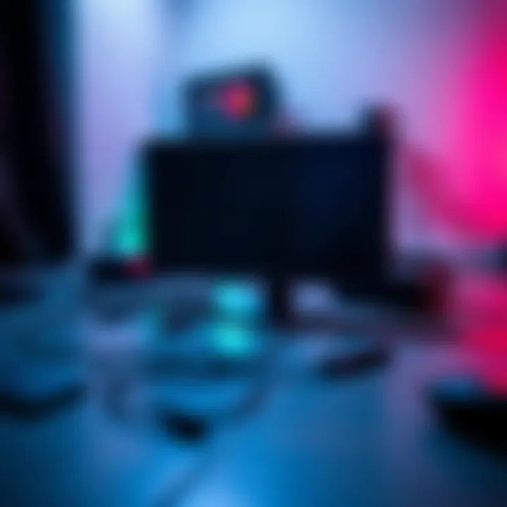 A monitor lies on the floor amidst cables and gaming gear
