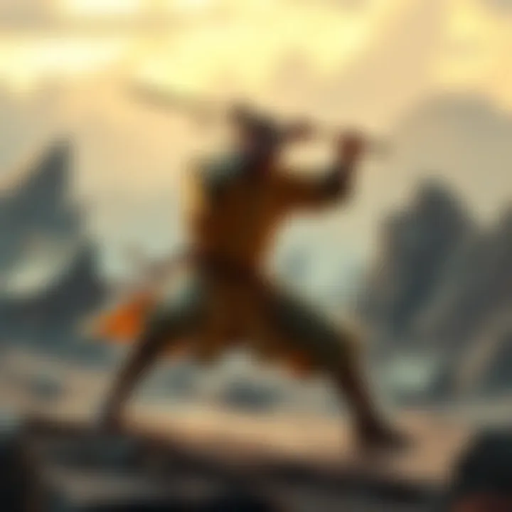 A monk character in Dungeons & Dragons performing a martial arts move, showcasing agility and focus, set in a fantasy landscape.