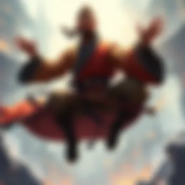 A monk character showcasing agility and combat skills, performing a jump with a serene expression, surrounded by a mystical environment.