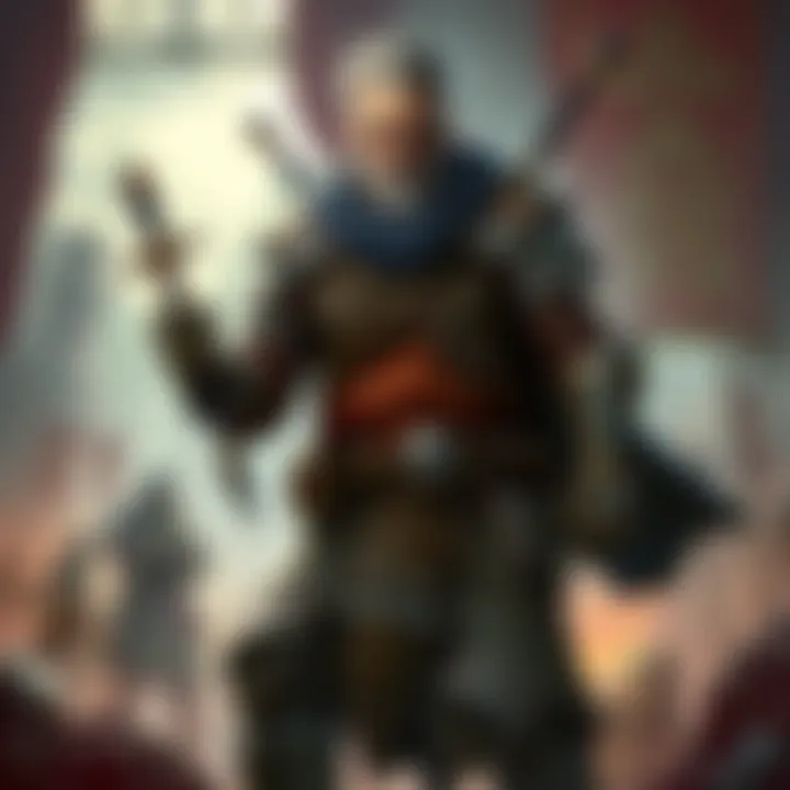 A strength-based monk character in a tabletop RPG setting, showcasing a confident pose with weapons and armor, surrounded by game elements.