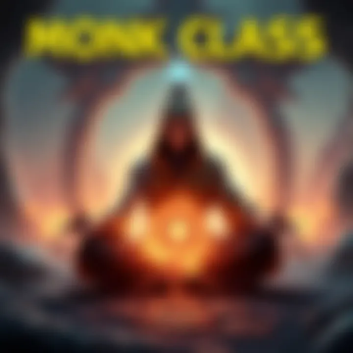 Monk Class in Game A graphic showing a stylized Monk character in a fantasy setting, meditating with glowing energy around them, symbolizing balance and new gameplay mechanics.