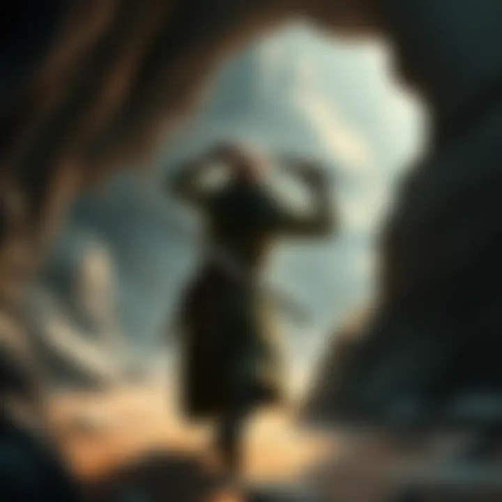 Monk ready to attack in an ambush A monk character poised to strike while exiting a cave, prepared for an ambush in a D&D game.