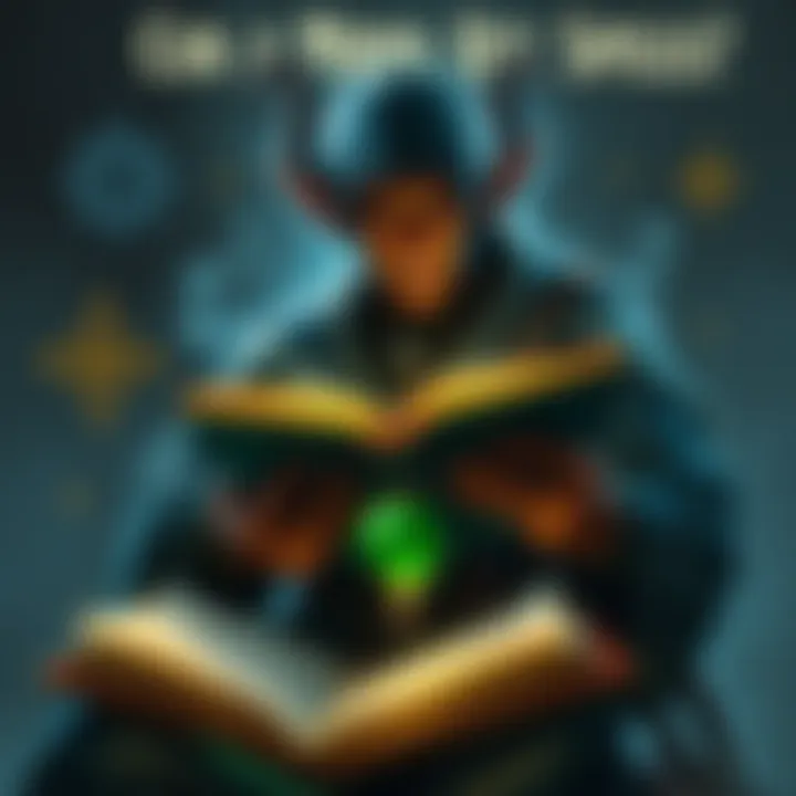 A tiefling monk studying a spellbook, surrounded by magical symbols and a glowing amulet, pondering the use of spells.