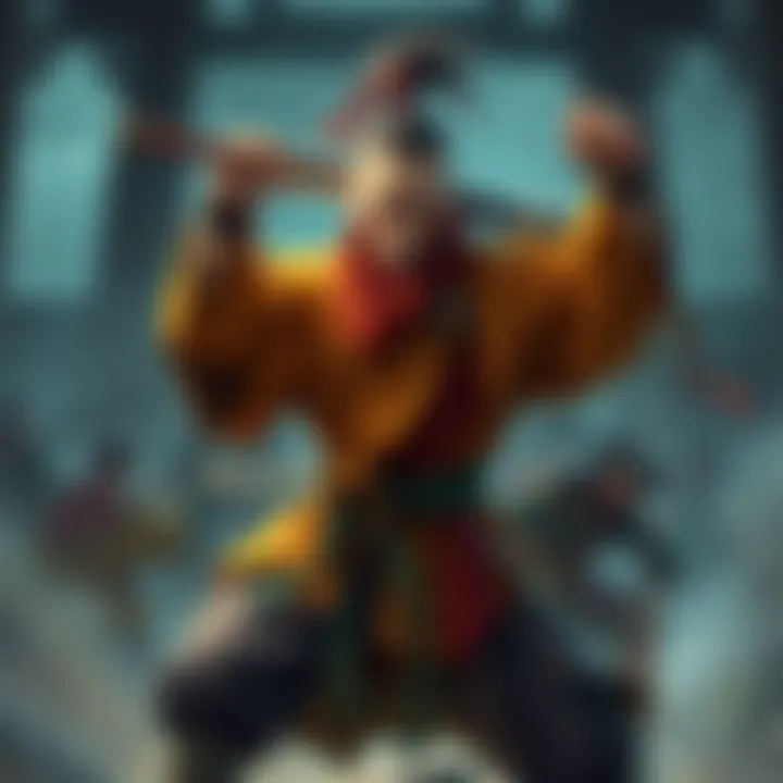A monk character in traditional robes, showcasing martial arts poses and combat techniques, with a background of a fantasy setting.