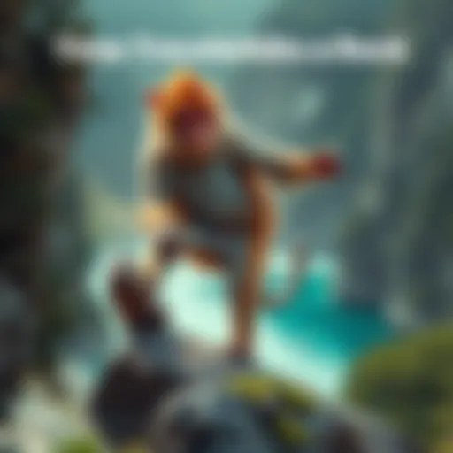A playful monke kicks a rock, encouraging people to join in on a fun adventure.
