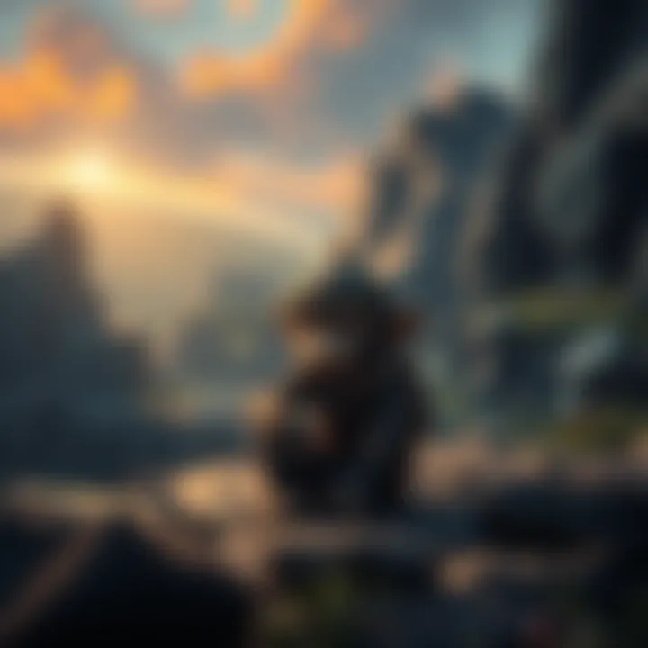 A sad monkey-boy character sitting on the ground, looking hopeless in a fantasy landscape