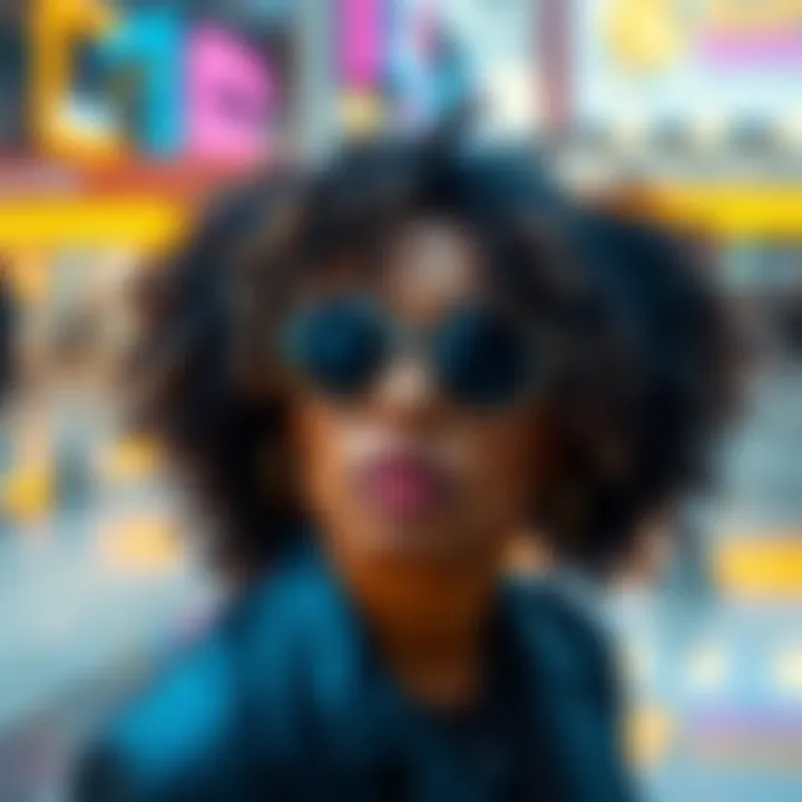 A woman showcasing her Monkey Paw curls, dressed in trendy attire, with a vibrant background reflecting modern culture.