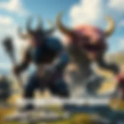 A group of fantasy monsters including a centaur with rusted armor, a giant Brachydios, and Goss Harog ready for a challenge quest, set in a vibrant landscape.