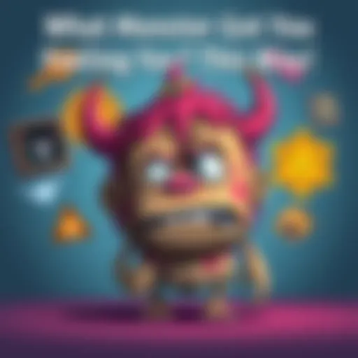 A colorful, cartoonish monster representing different emotional struggles, with a worried expression and various symbols of anxiety and sadness around it.