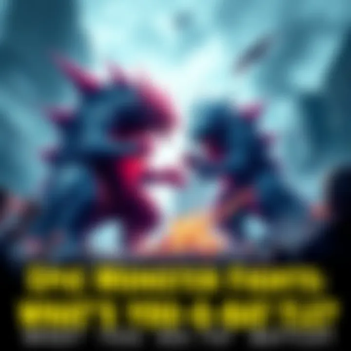 Two giant monsters fighting in a city, with buildings in the background and a crowd watching in excitement.