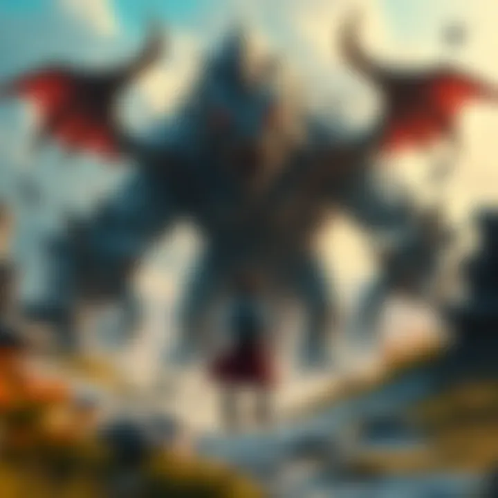 Monster Battle Scene A gamer facing a large, intimidating monster in a colorful fantasy landscape, showcasing tension and excitement.