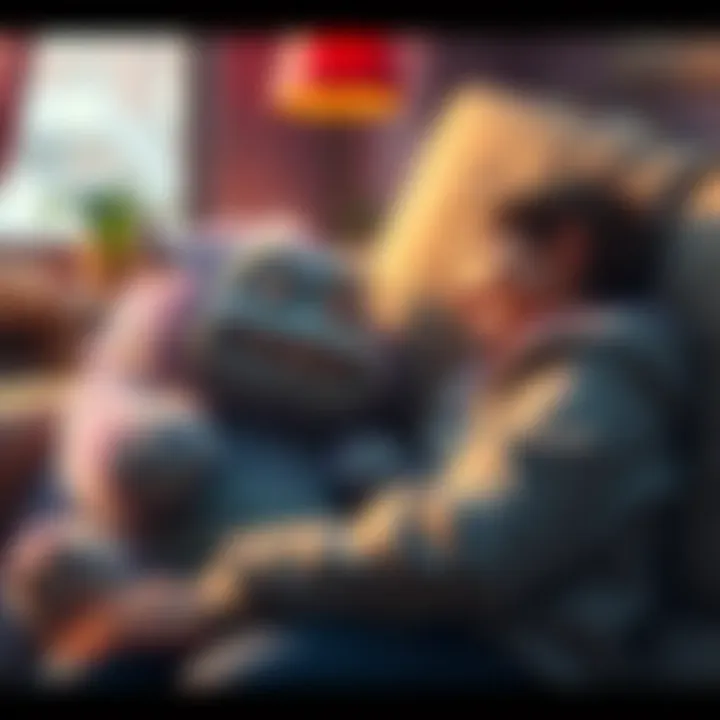 A cuddly monster with soft fur sitting next to a person, offering a sense of security and companionship, with a warm smile on both faces.