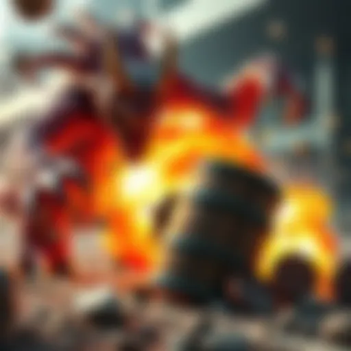 A monster and a barrel explode in a gaming scene, illustrating chaotic gameplay.