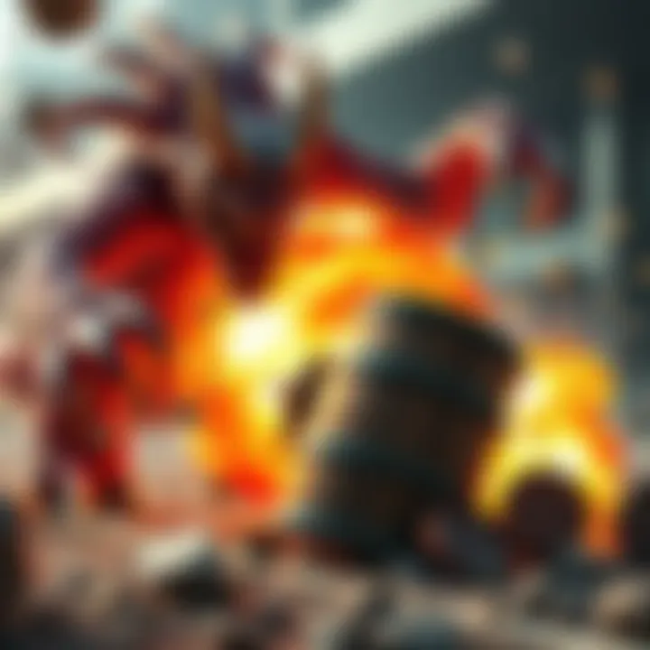 Monster Exploding Barrel A monster and a barrel explode in a gaming scene, illustrating chaotic gameplay.